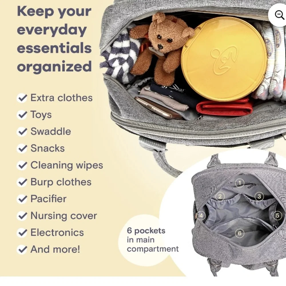 RUVALINO Diaper Gray Baby Bag Tote Large Travel Bag